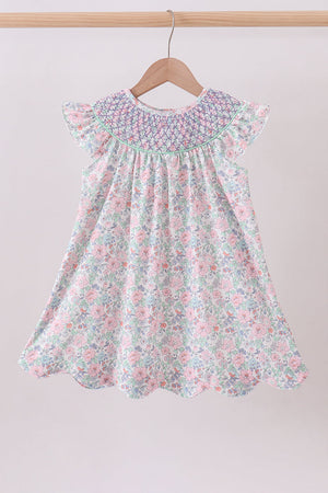 Green Floral Smocked Dress
