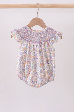 Purple Floral Smocked Ruffle Bubble