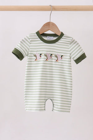 Green Duck Embroidered Stripe Romper