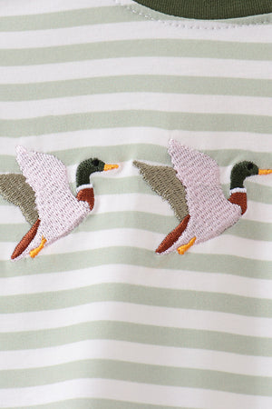 Green Duck Embroidered Stripe Romper