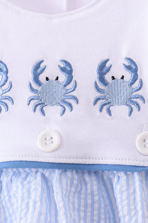 Blue Crab Embroidered Seersucker Bubble