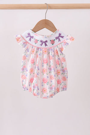 Purple rose bow smocked ruffle bubble