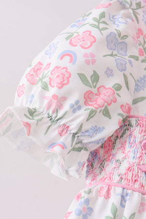 Pink floral bow smocked ruffle dress