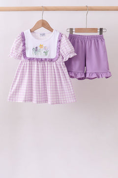 Purple floral embroidery gingham ruffle shorts set