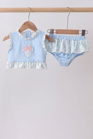 Blue character applique ruffle 2pc swimsuit
