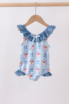 Blue strawberry bow ruffle one-piece swimsuit