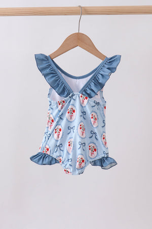Blue strawberry bow ruffle one-piece swimsuit