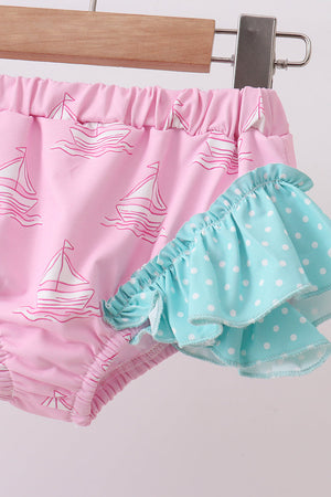 Pink sailboat print ruffle rashguard set