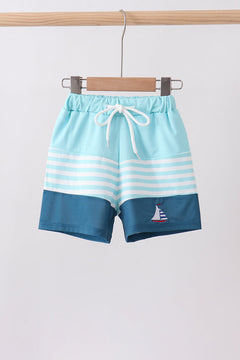 Blue stripe sailboat embroidery swim trunks