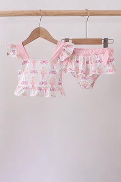 Pink bow castle ruffle 2pc swimsuit