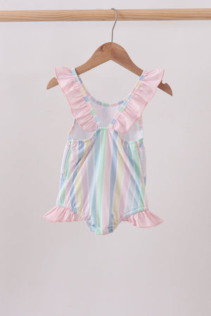 Rainbow stripe butterfly smocked ruffle one-piece swimsuit