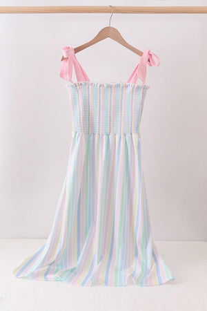 Rainbow stripe smocked dress