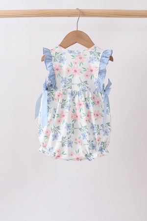Blue Floral Smocked Ruffle Bubble