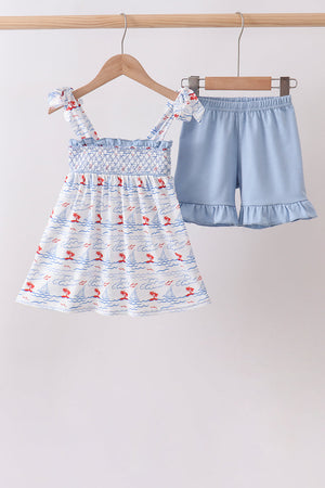 Blue Sailboat Smocked Set