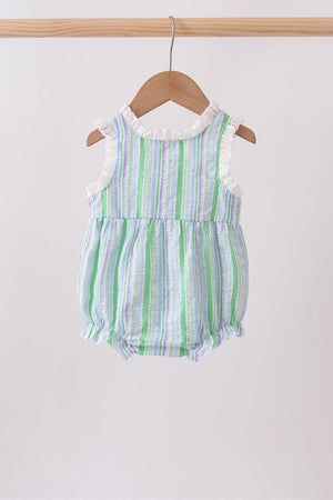 Green Stripe Smocked Bow Seersucker Bubble