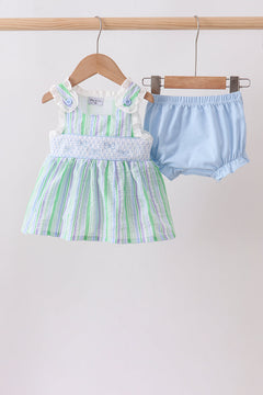 Green Stripe Smocked Bow Seersucker Bloomer Set