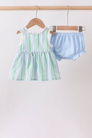 Green Stripe Smocked Bow Seersucker Bloomer Set