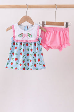 Blue Strawberry Embroidered Bow Bloomer Set