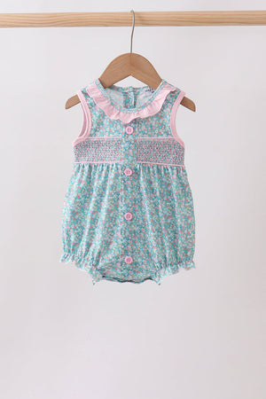 Green Floral Smocked Bubble