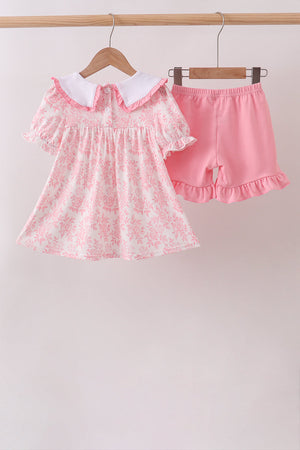 Pink Rose Apple Embroidery Ruffle Dress