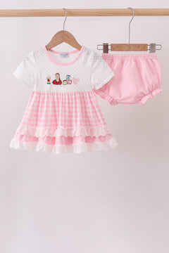 Pink Pencil ABC embroidery gingham bloomer set