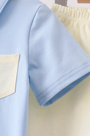 Blue Colorblock Pocket Shorts Set