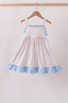 Blue Floral Print Ruffle Dress
