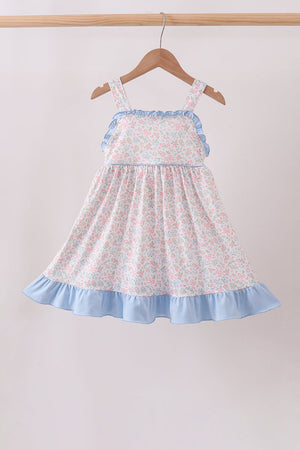 Blue Floral Print Ruffle Dress