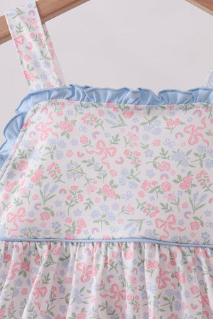 Blue Floral Print Ruffle Dress