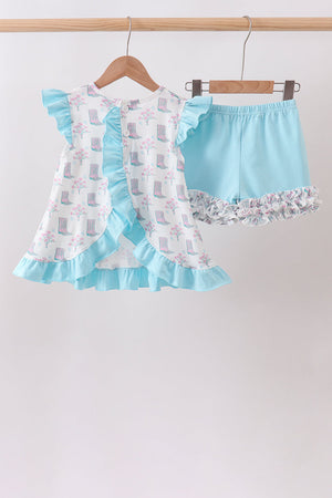 Blue Boots Ruffle Shorts Set