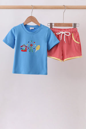 Blue Carousel Embroidered Shorts Set