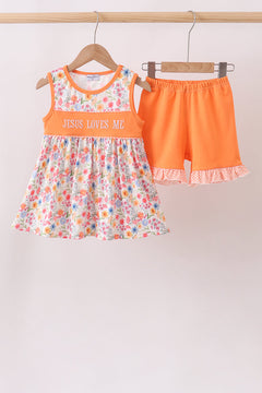 Coral Jesus Loves me Embroidered Floral Shorts Set