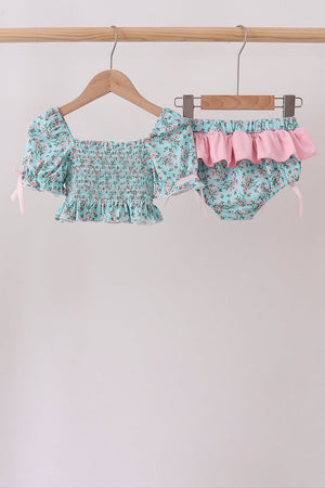 Green Floral Smocked Swimsuit