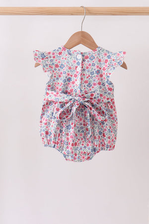 Blue Floral Smocked Ruffle Bubble