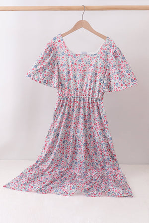 Blue Floral Print Mom Dress