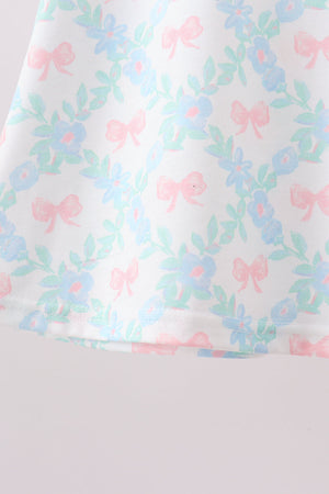 Pink Floral Bow Print Scalloped Shorts Set
