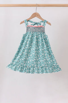 Green Floral Smocked Ruffle Dress