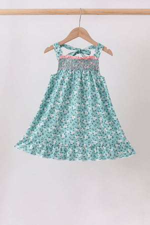 Green Floral Smocked Ruffle Dress