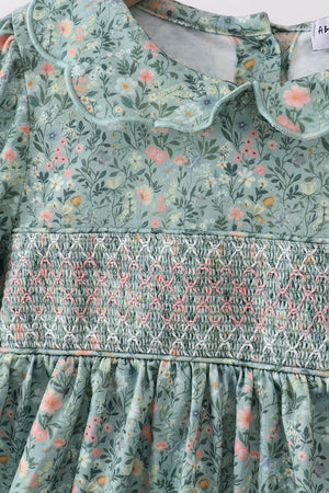 Green Floral Smocked Dress