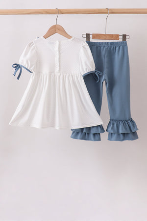 Blue Apple Crayon French Knot Ruffle Pants Set
