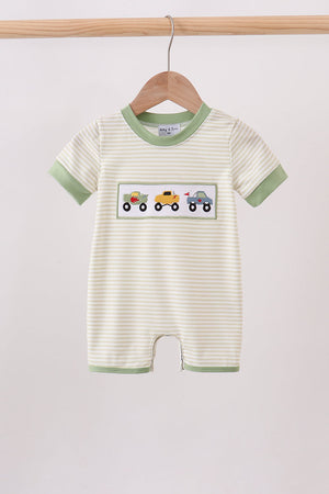 Monster truck embroidery stripe romper
