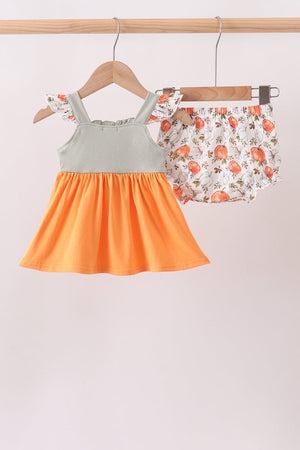 Orange Pumpkin Embroidery Ruffle Bloomer Set