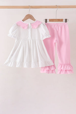 Pink Prayer Embroidery Ruffle Pants Set