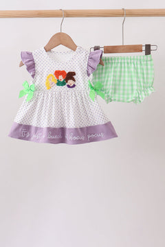 Purple Hocus pocus french knot ruffle bloomer set