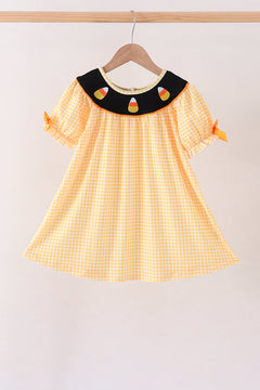 Mustard Candy Embroidery Gingham Dress