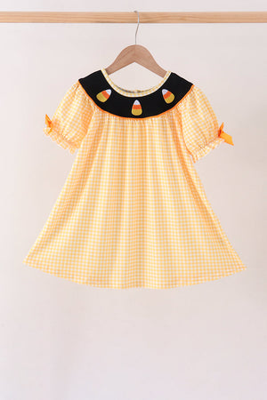 Mustard Candy Embroidery Gingham Dress