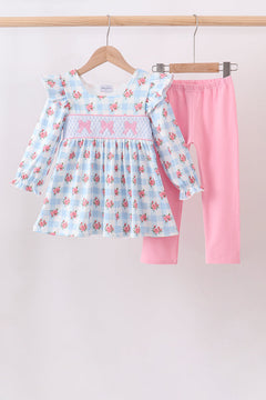 Blue Bow Smocked Gingham Pants Set