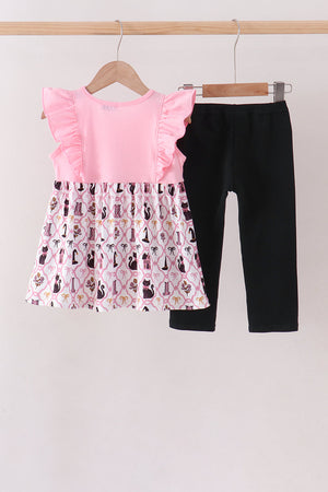 Pink Cat Embroidery Ruffle Pants Set