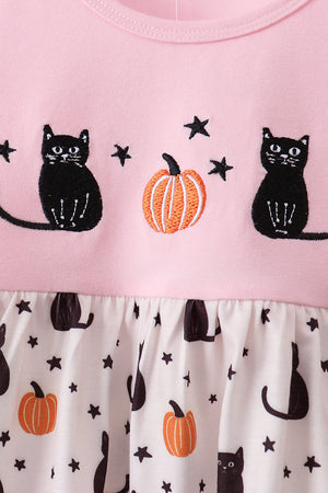 Pink Pumpkin Cat Embroidery Pants Set