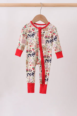Maroon Farmland Bamboo Ruffle Zipper Romper